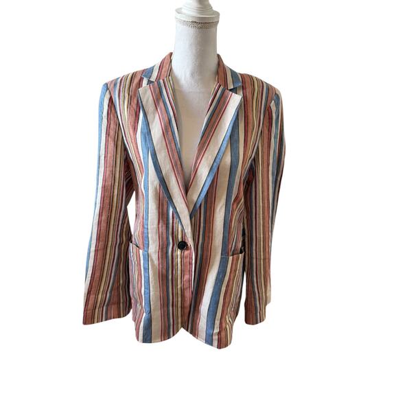FRAME Birkin Linen Single Button Blazer Multi Stripe 10 - Picture 2 of 11